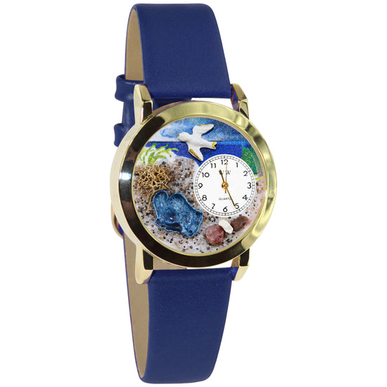 Whimsical Gifts | Footprints 3D Watch Small Style | Handmade in USA | Religious & Spiritual |  | Novelty Unique Fun Miniatures Gift | Gold Finish Navy Blue Leather Watch Band