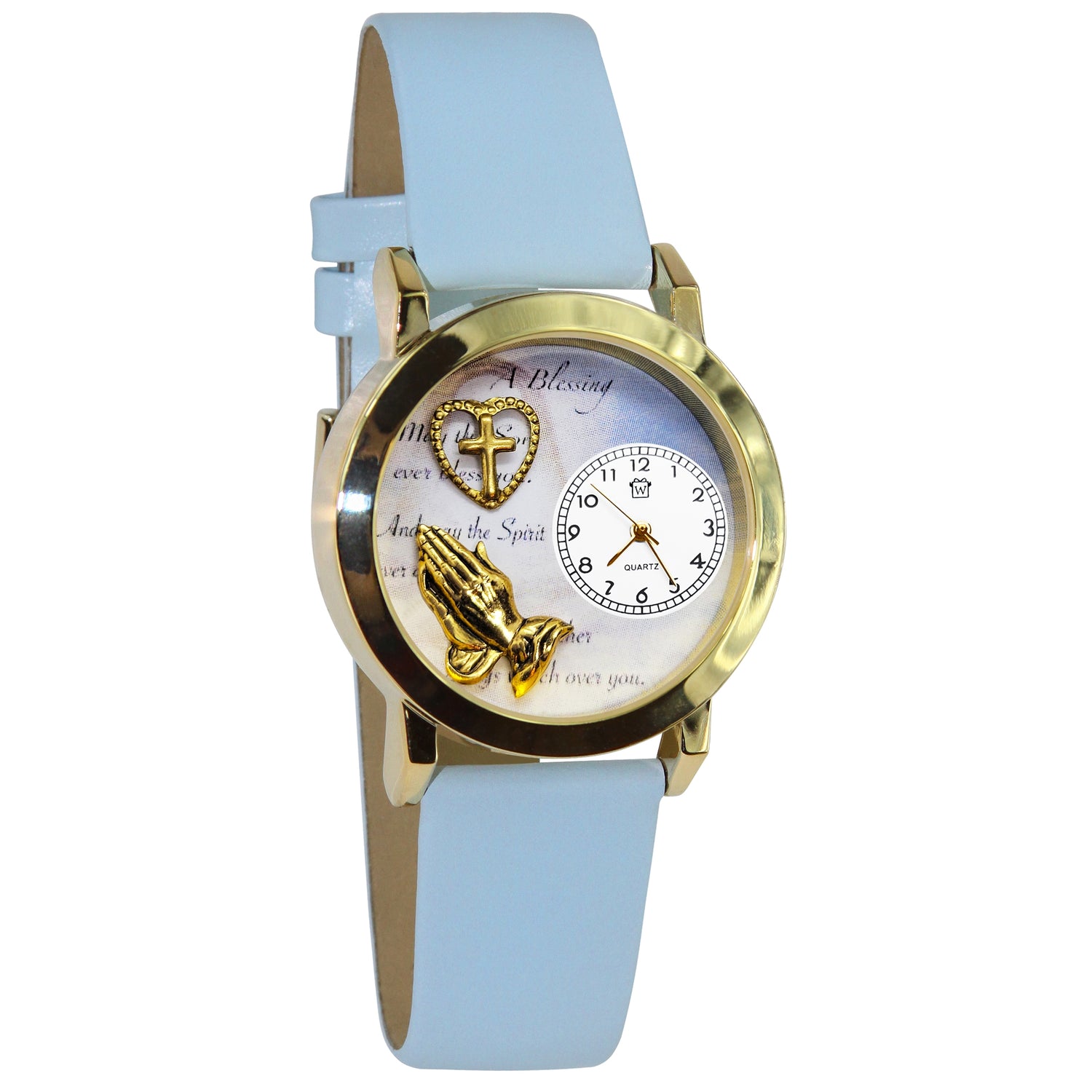 Whimsical Gifts | Blessings Heart Cross 3D Watch Small Style | Handmade in USA | Religious & Spiritual |  | Novelty Unique Fun Miniatures Gift | Gold Finish Light Blue Leather Watch Band