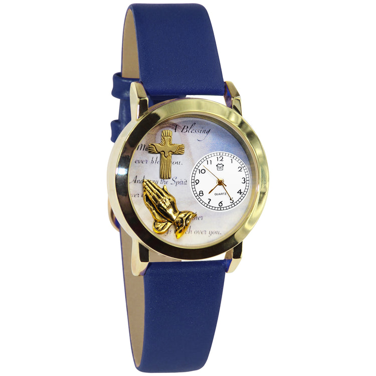 Whimsical Gifts | Blessings Cross Dove 3D Watch Small Style | Handmade in USA | Religious & Spiritual |  | Novelty Unique Fun Miniatures Gift | Gold Finish Navy Blue Leather Watch Band