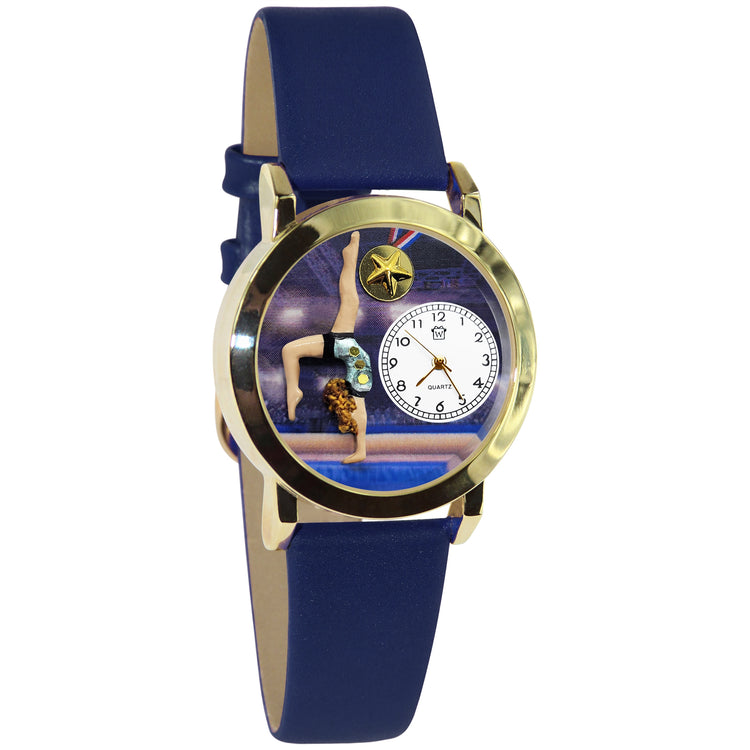 Whimsical Gifts | Gymnastics 3D Watch Small Style | Handmade in USA | Hobbies & Special Interests | Sports | Novelty Unique Fun Miniatures Gift | Gold Finish Blue Leather Watch Band