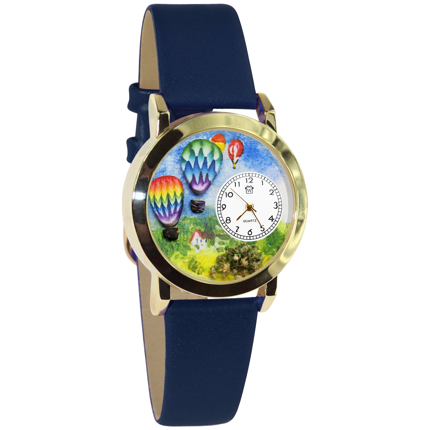Whimsical Gifts | Hot Air Balloons 3D Watch Small Style | Handmade in USA | Hobbies & Special Interests | Outdoor Hobbies | Novelty Unique Fun Miniatures Gift | Gold Finish Blue Leather Watch Band