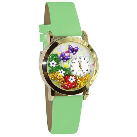Whimsical Gifts | Butterflies 3D Watch Small Style | Handmade in USA | Animal Lover | Outdoor & Garden | Novelty Unique Fun Miniatures Gift | Gold Finish Green Leather Watch Band