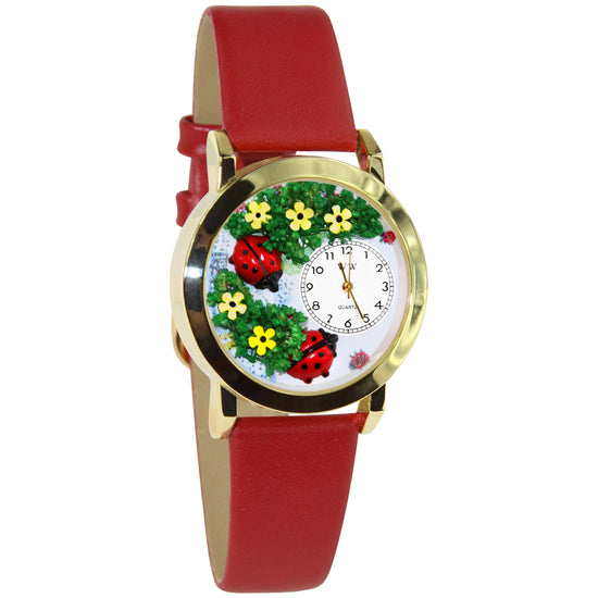 Whimsical Gifts | Ladybugs 3D Watch Small Style | Handmade in USA | Animal Lover | Outdoor & Garden | Novelty Unique Fun Miniatures Gift | Gold Finish Red Leather Watch Band