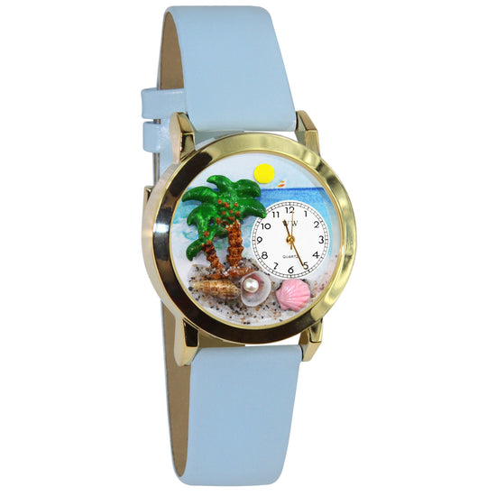 Whimsical Gifts | Palm Tree 3D Watch Small Style | Handmade in USA | Holiday & Seasonal Themed | Spring & Summer Fun | Novelty Unique Fun Miniatures Gift | Gold Finish Light Blue Leather Watch Band