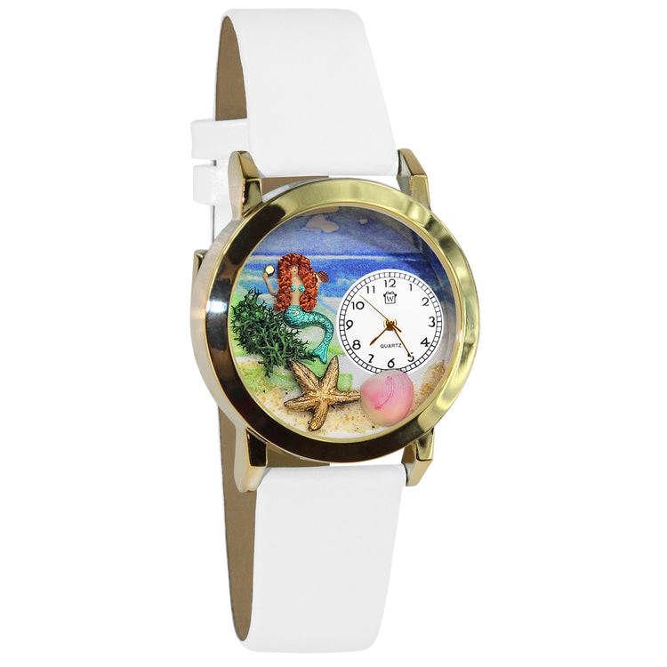 Whimsical Gifts | Mermaid 3D Watch Small Style | Handmade in USA | Fantasy & Mystical |  | Novelty Unique Fun Miniatures Gift | Gold Finish White Leather Watch Band