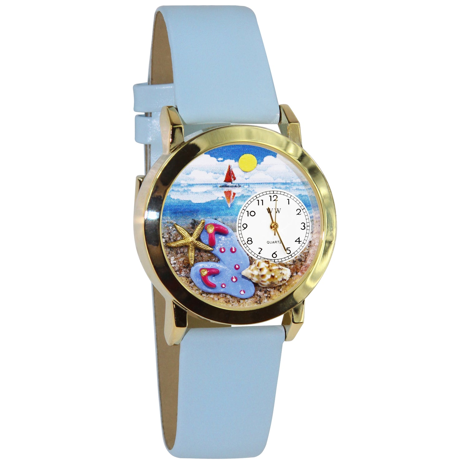 Whimsical Gifts | Flip-flops 3D Watch Small Style | Handmade in USA | Holiday & Seasonal Themed | Spring & Summer Fun | Novelty Unique Fun Miniatures Gift | Gold Finish Light Blue Leather Watch Band