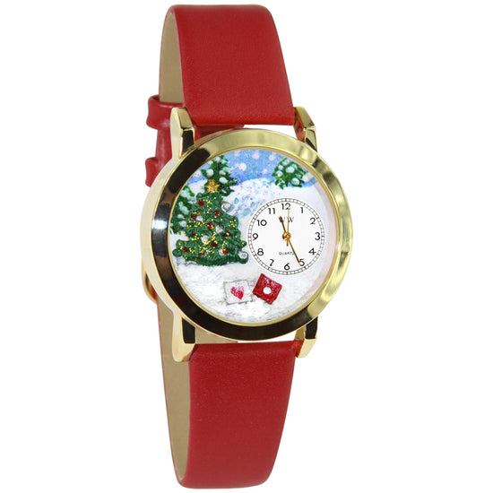 Whimsical Gifts | Christmas Tree 3D Watch Small Style | Handmade in USA | Holiday & Seasonal Themed | Christmas | Novelty Unique Fun Miniatures Gift | Gold Finish Red Leather Watch Band
