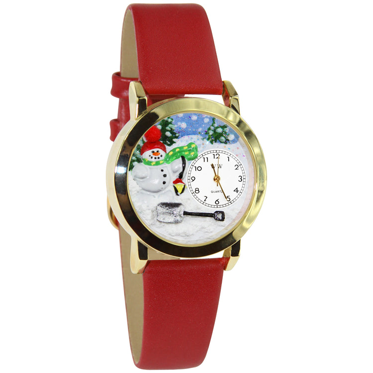 Whimsical Gifts | Snowman 3D Watch Small Style | Handmade in USA | Holiday & Seasonal Themed | Fall & Winter | Novelty Unique Fun Miniatures Gift | Gold Finish Red Leather Watch Band