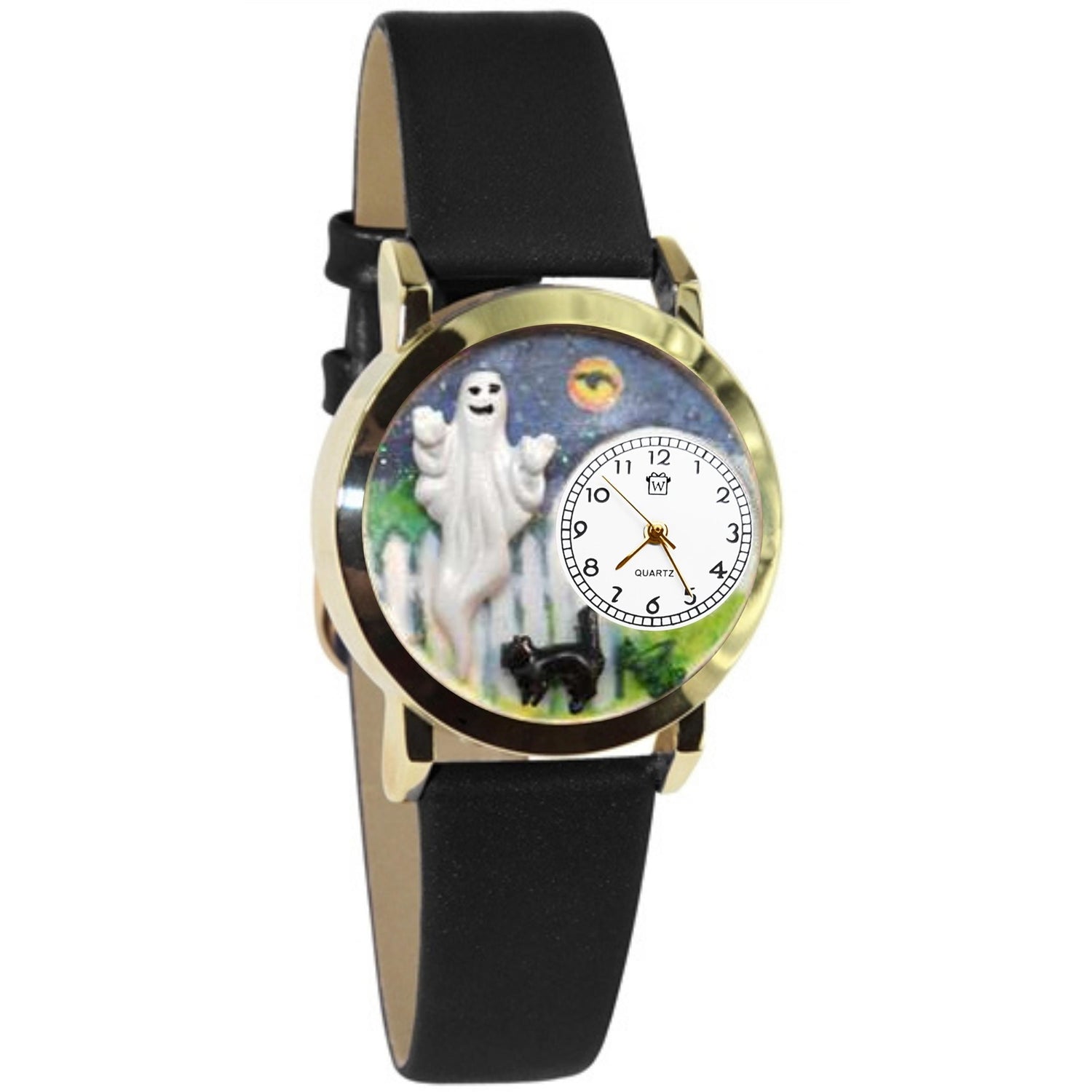 Whimsical Gifts | Halloween Ghost 3D Watch Small Style | Handmade in USA | Holiday & Seasonal Themed | Halloween | Novelty Unique Fun Miniatures Gift | Gold Finish Black Leather Watch Band