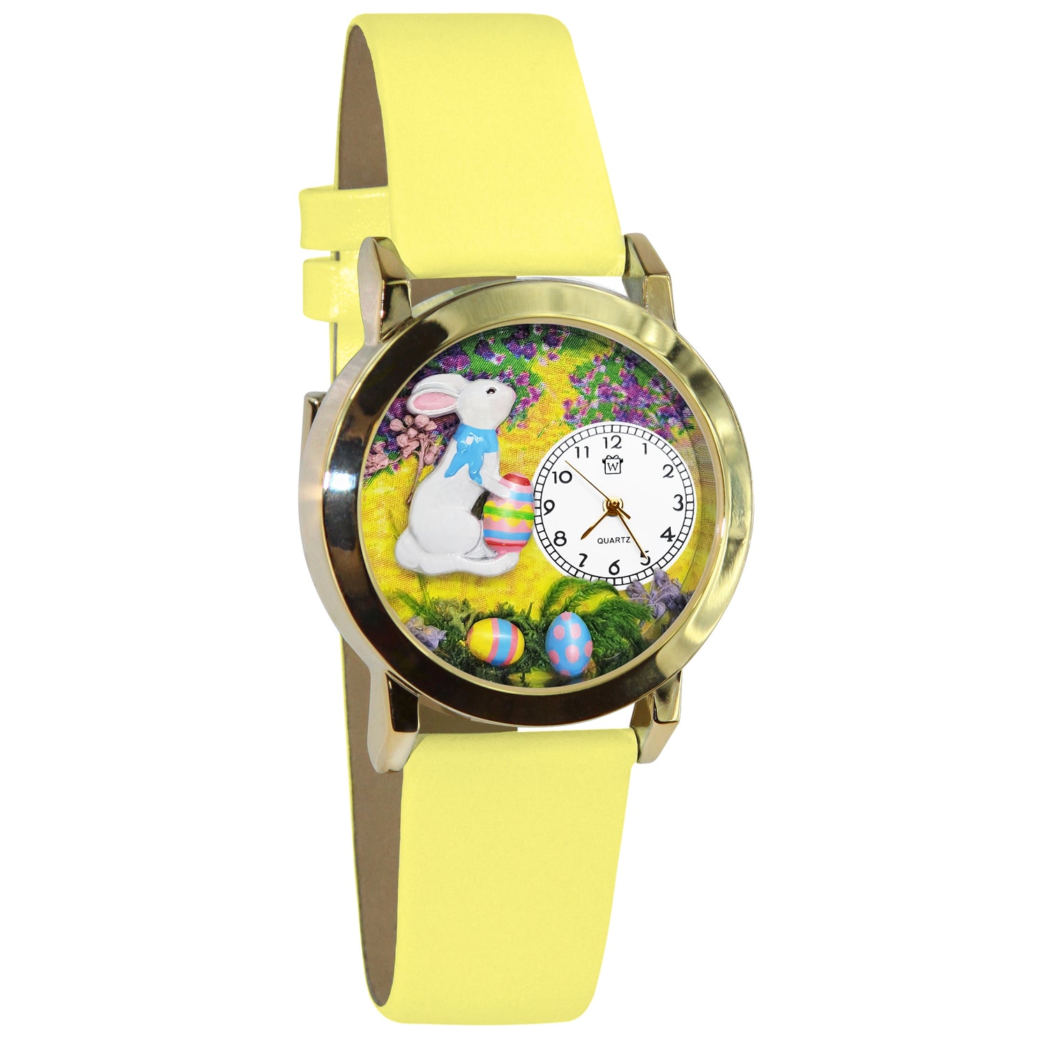 Whimsical Gifts | Easter Bunny 3D Watch Small Style | Handmade in USA | Holiday & Seasonal Themed | Easter | Novelty Unique Fun Miniatures Gift | Gold Finish Yellow Leather Watch Band