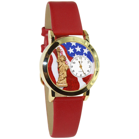 Whimsical Gifts | Statue of Liberty 3D Watch Small Style | Handmade in USA | Patriotic |  | Novelty Unique Fun Miniatures Gift | Gold Finish Red Leather Watch Band