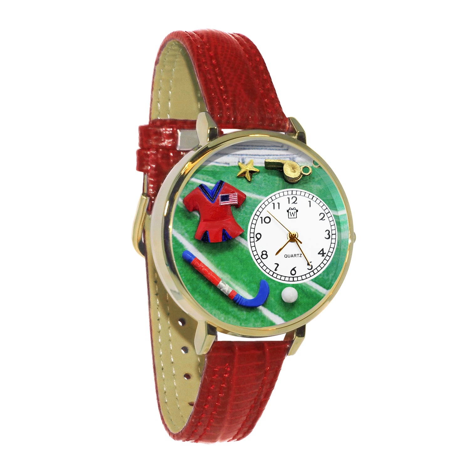Whimsical Gifts | Field Hockey 3D Watch Large Style | Handmade in USA | Hobbies & Special Interests | Sports | Novelty Unique Fun Miniatures Gift | Gold Finish Red Leather Watch Band