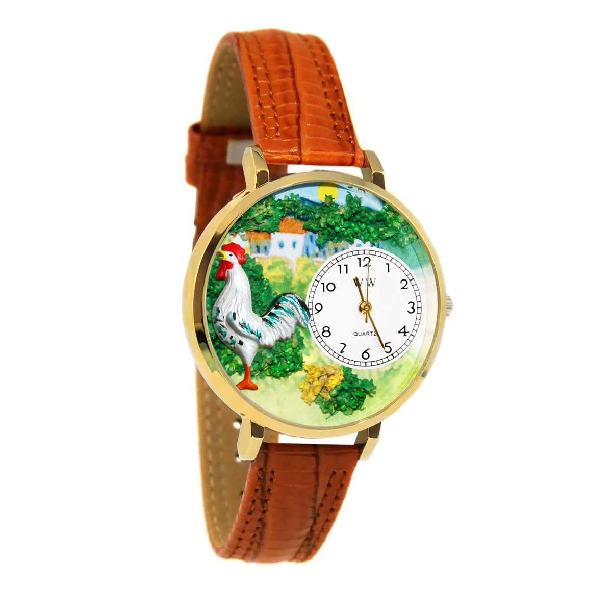 Whimsical Gifts | Rooster 3D Watch Large Style | Handmade in USA | Animal Lover | Farm Animal | Novelty Unique Fun Miniatures Gift | Gold Finish Tan Leather Watch Band