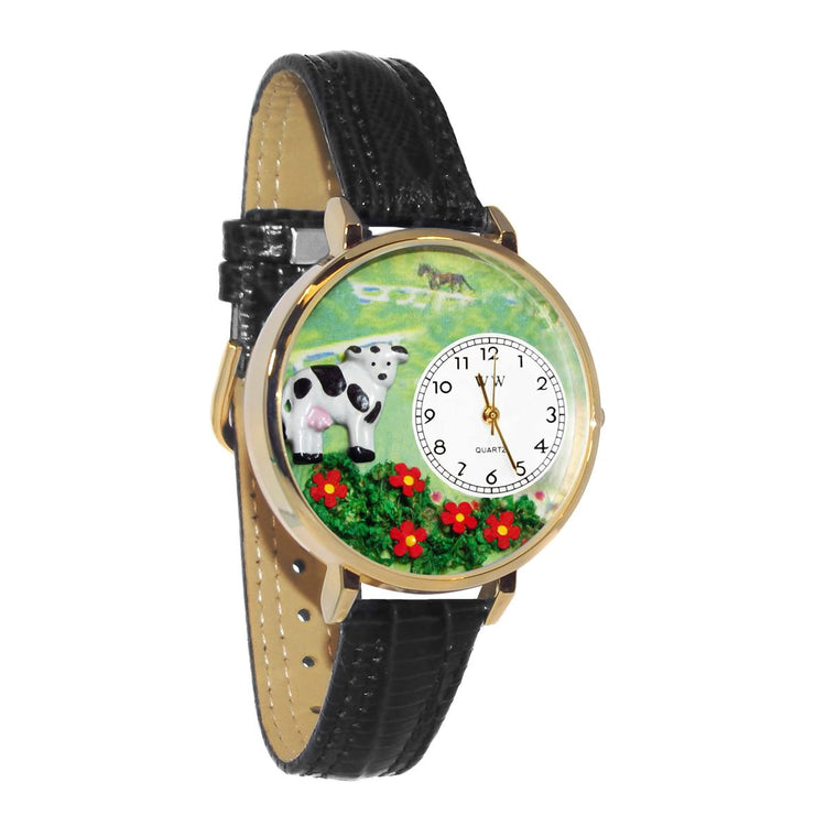 Whimsical Gifts | Cow 3D Watch Large Style | Handmade in USA | Animal Lover | Farm Animal | Novelty Unique Fun Miniatures Gift | Gold Finish Black Leather Watch Band