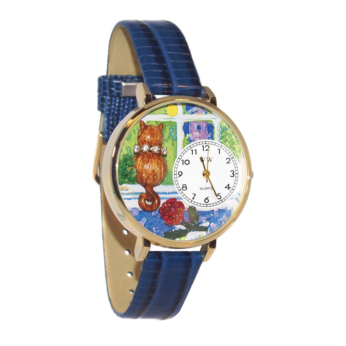 Whimsical Gifts | Aristo Cat 3D Watch Large Style | Handmade in USA | Animal Lover | Cat Lover | Novelty Unique Fun Miniatures Gift | Gold Finish Royal Blue Leather Watch Band