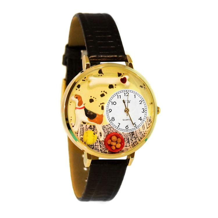 Whimsical Gifts | Beagle 3D Watch Large Style | Handmade in USA | Animal Lover | Dog Lover | Novelty Unique Fun Miniatures Gift | Gold Finish Black Leather Watch Band
