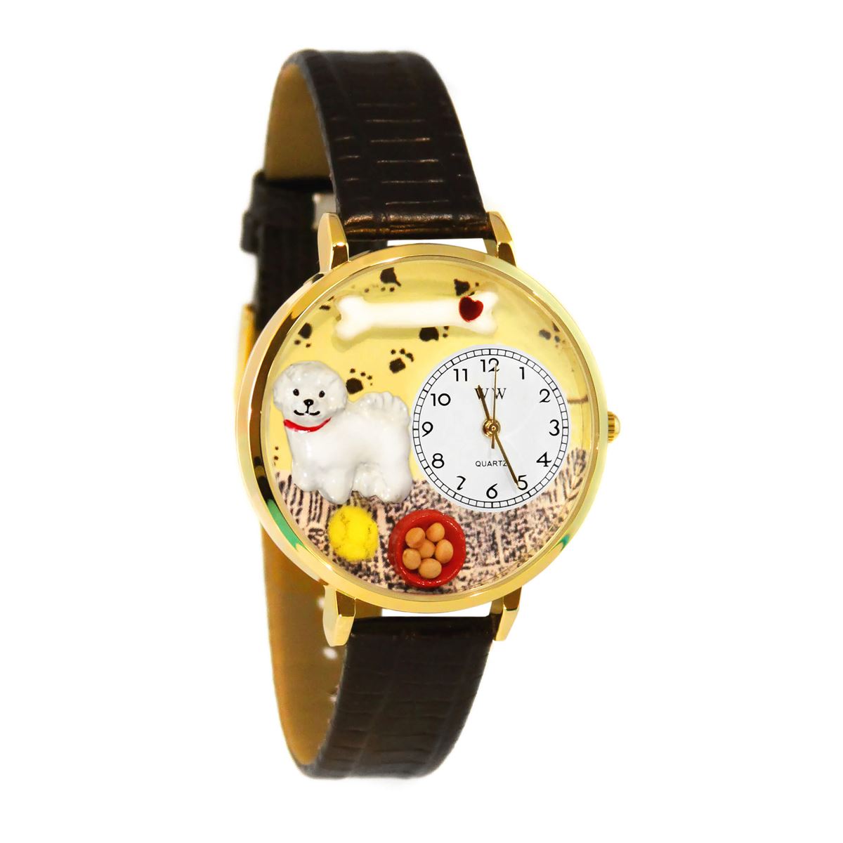 Whimsical Gifts | Bichon 3D Watch Large Style | Handmade in USA | Animal Lover | Dog Lover | Novelty Unique Fun Miniatures Gift | Gold Finish Black Leather Watch Band