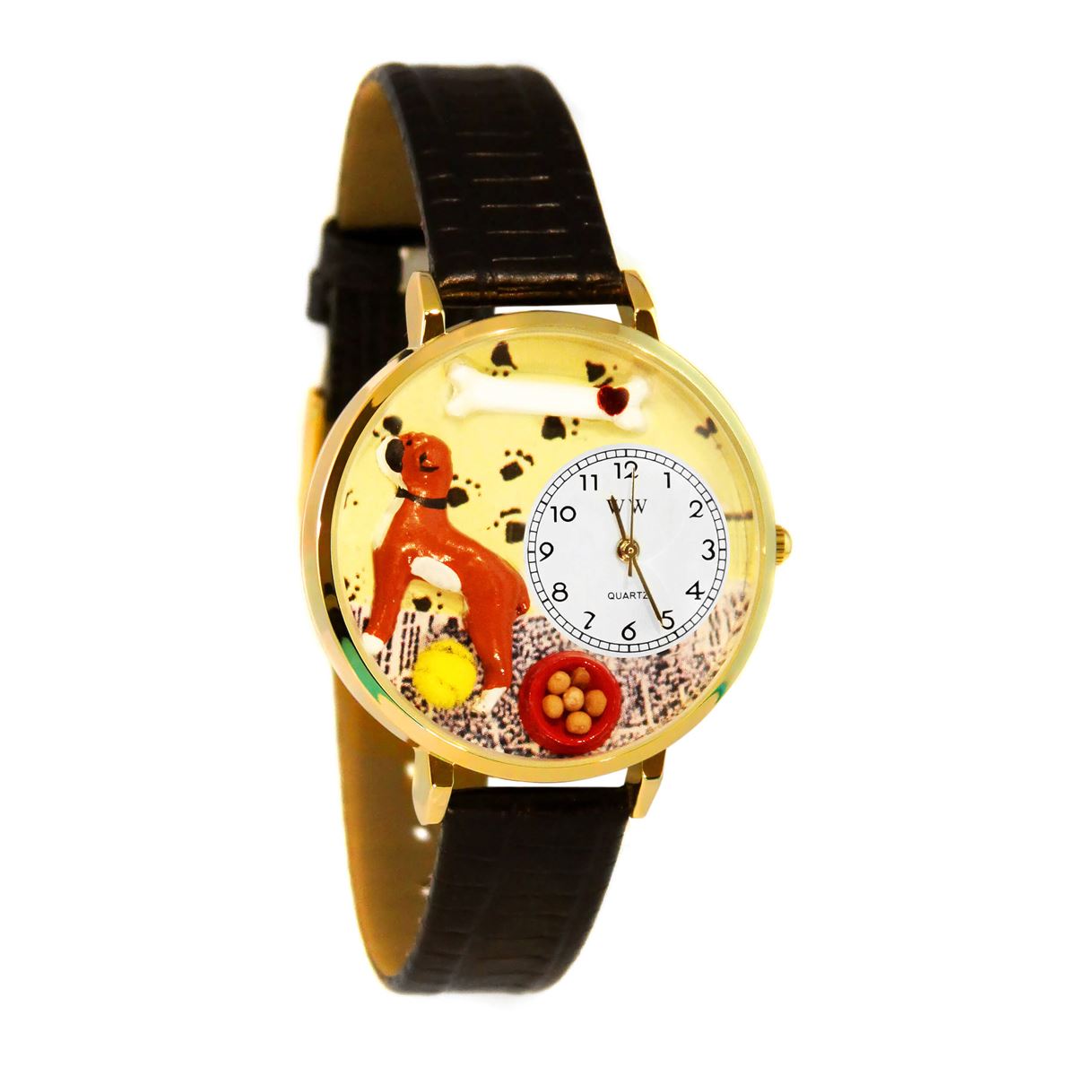 Whimsical Gifts | Boxer 3D Watch Large Style | Handmade in USA | Animal Lover | Dog Lover | Novelty Unique Fun Miniatures Gift | Gold Finish Black Leather Watch Band