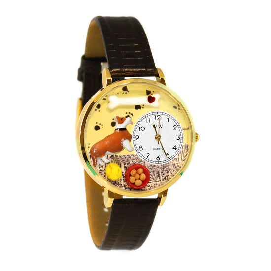 Whimsical Gifts | Corgi 3D Watch Large Style | Handmade in USA | Animal Lover | Dog Lover | Novelty Unique Fun Miniatures Gift | Gold Finish Black Leather Watch Band