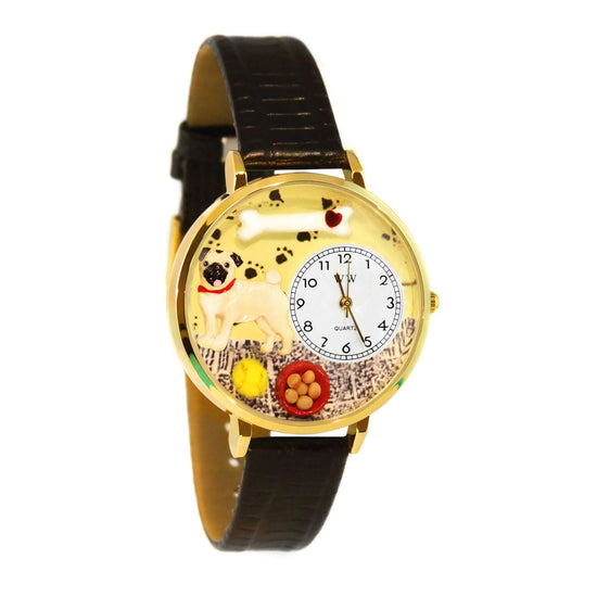 Whimsical Gifts | Pug 3D Watch Large Style | Handmade in USA | Animal Lover | Dog Lover | Novelty Unique Fun Miniatures Gift | Gold Finish Black Leather Watch Band