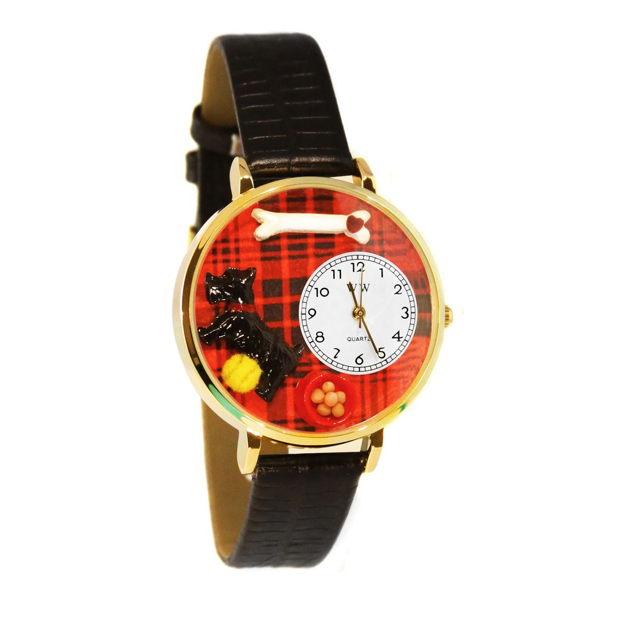 Whimsical Gifts | Scottie 3D Watch Large Style | Handmade in USA | Animal Lover | Dog Lover | Novelty Unique Fun Miniatures Gift | Gold Finish Black Leather Watch Band