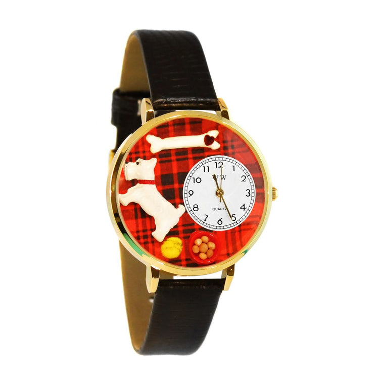 Whimsical Gifts | Westie 3D Watch Large Style | Handmade in USA | Animal Lover | Dog Lover | Novelty Unique Fun Miniatures Gift | Gold Finish Black Leather Watch Band