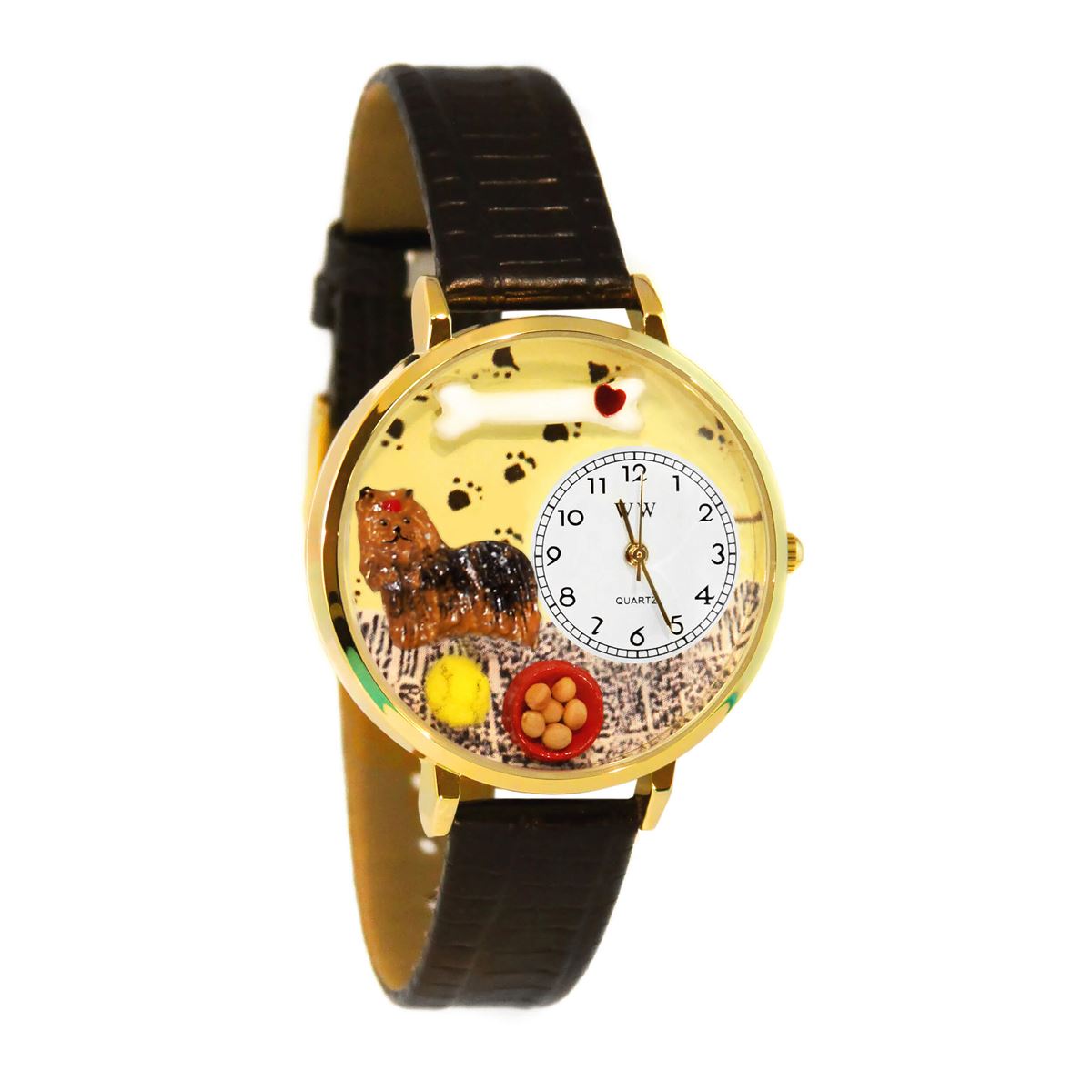Whimsical Gifts | Yorkie 3D Watch Large Style | Handmade in USA | Animal Lover | Dog Lover | Novelty Unique Fun Miniatures Gift | Gold Finish Black Leather Watch Band