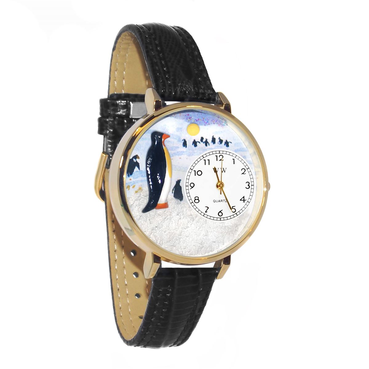 Whimsical Gifts | Penguin 3D Watch Large Style | Handmade in USA | Animal Lover | Zoo & Sealife | Novelty Unique Fun Miniatures Gift | Gold Finish Black Leather Watch Band