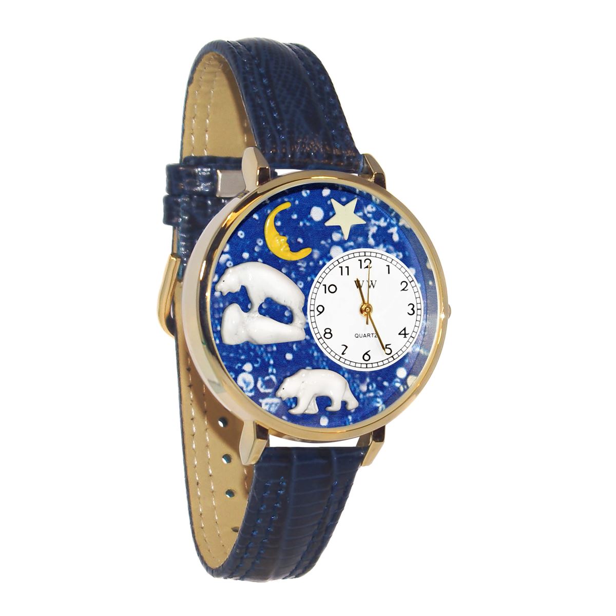 Whimsical Gifts | Polar Bear 3D Watch Large Style | Handmade in USA | Animal Lover | Zoo & Sealife | Novelty Unique Fun Miniatures Gift | Gold Finish Navy Blue Leather Watch Band