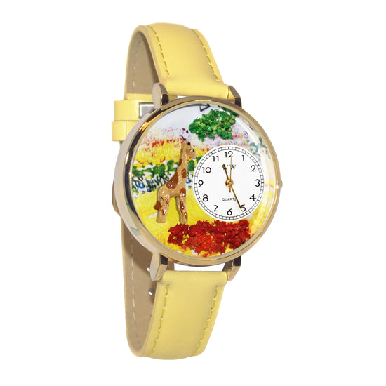 Whimsical Gifts | Giraffe 3D Watch Large Style | Handmade in USA | Animal Lover | Zoo & Sealife | Novelty Unique Fun Miniatures Gift | Gold Finish Yellow Leather Watch Band