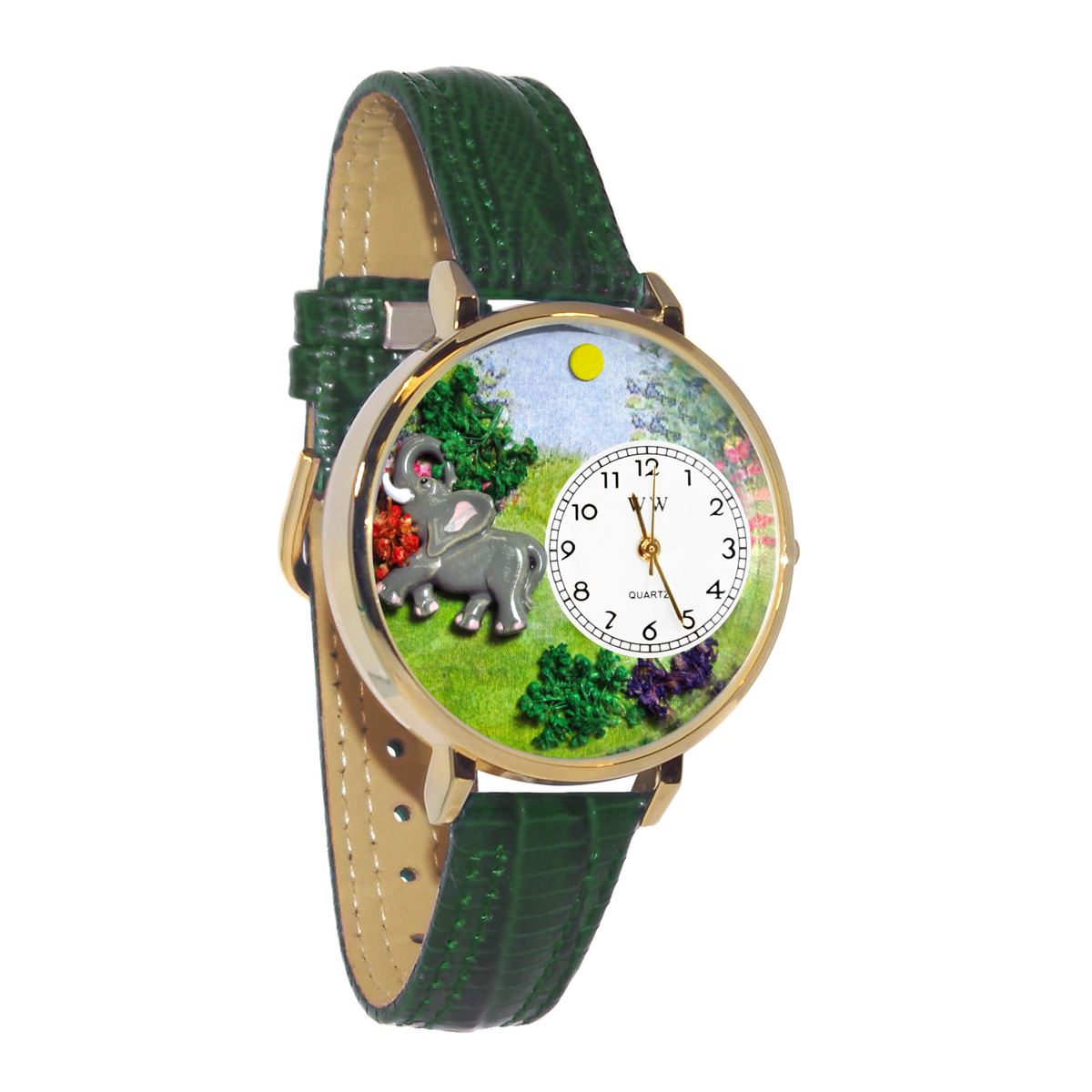 Whimsical Gifts | Elephant 3D Watch Large Style | Handmade in USA | Animal Lover | Zoo & Sealife | Novelty Unique Fun Miniatures Gift | Gold Finish Green Leather Watch Band