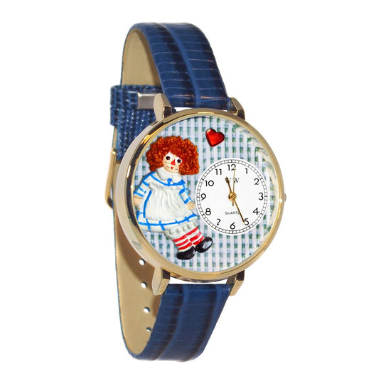 Whimsical Gifts | Vintage Raggedy Ann 3D Watch Large Style | Handmade in USA | Youth Themed |  | Novelty Unique Fun Miniatures Gift | Gold Finish Royal Blue Leather Watch Band