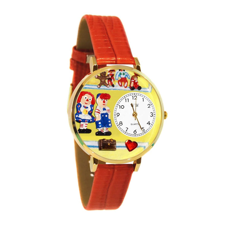 Whimsical Gifts | Raggedy Ann & Andy 3D Watch Large Style | Handmade in USA | Youth Themed |  | Novelty Unique Fun Miniatures Gift | Gold Finish Red Leather Watch Band