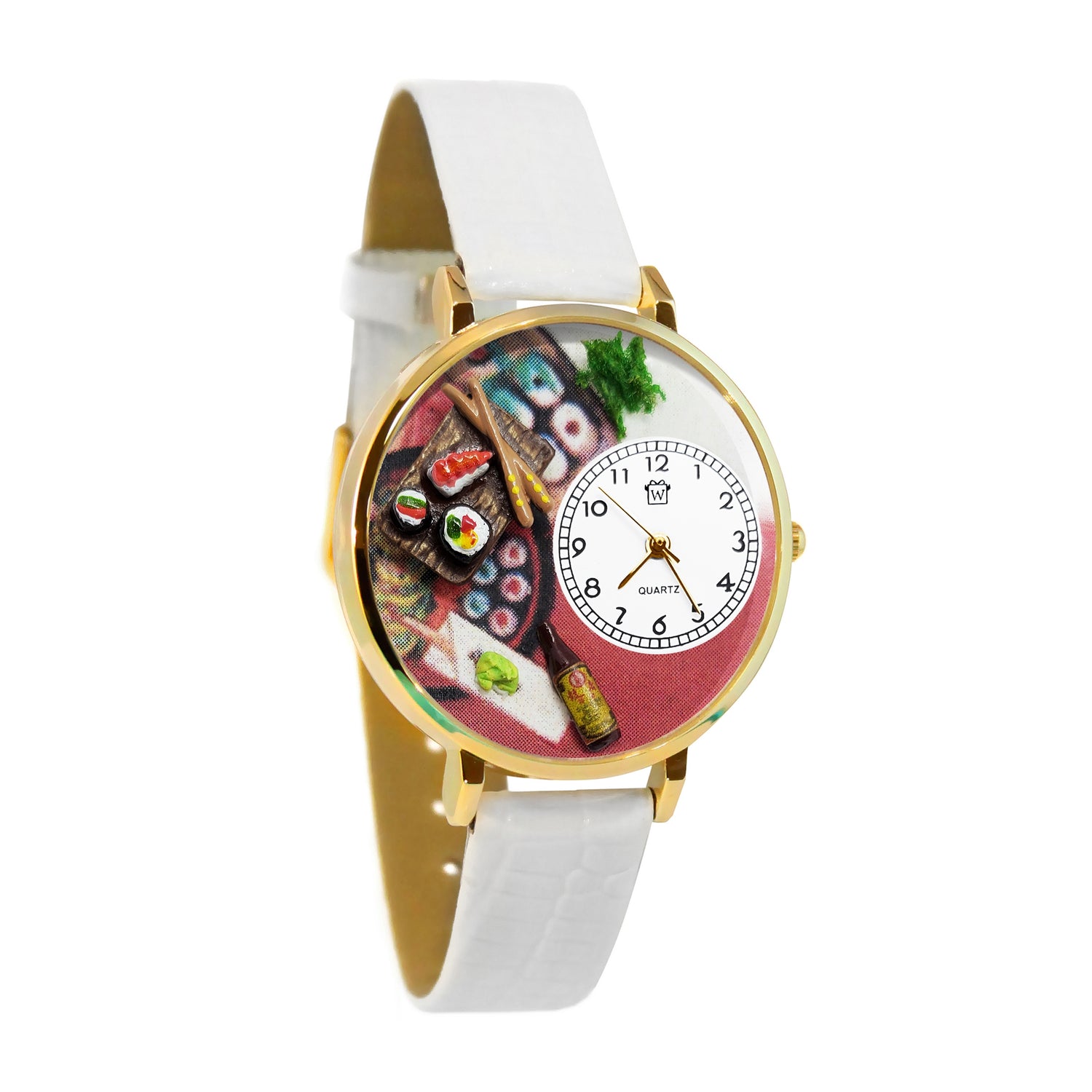 Whimsical Gifts | Sushi 3D Watch Large Style | Handmade in USA | Hobbies & Special Interests | Food & Wine | Novelty Unique Fun Miniatures Gift | Gold Finish White Leather Watch Band