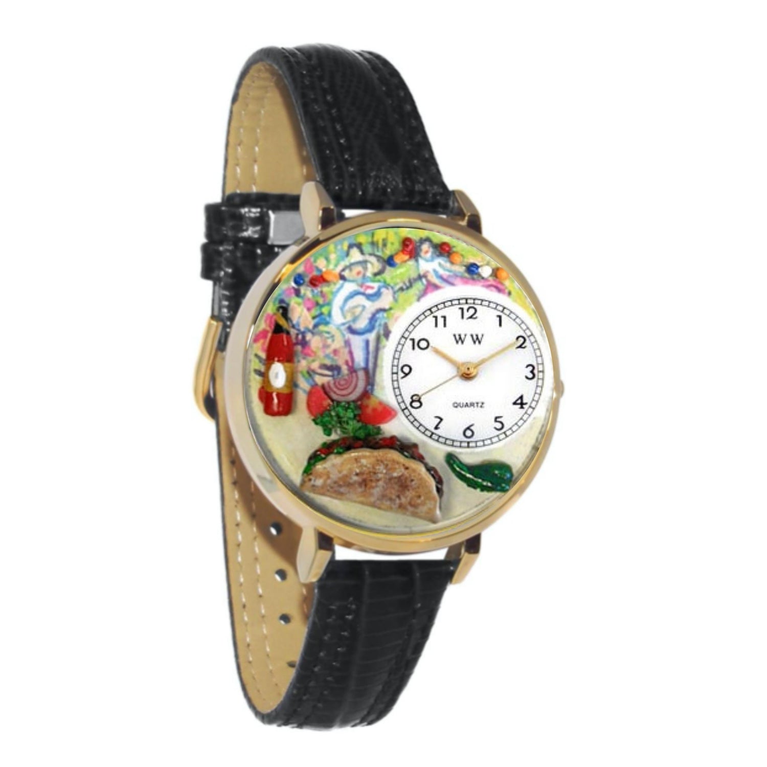 Whimsical Gifts | Taco Lover 3D Watch Large Style | Handmade in USA | Hobbies & Special Interests | Food & Wine | Novelty Unique Fun Miniatures Gift | Gold Finish Black Leather Watch Band