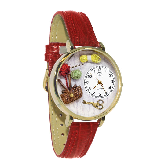 Whimsical Gifts | Knitting Basket 3D Watch Large Style | Handmade in USA | Hobbies & Special Interests | Sewing & Crafting | Novelty Unique Fun Miniatures Gift | Gold Finish Red Leather Watch Band