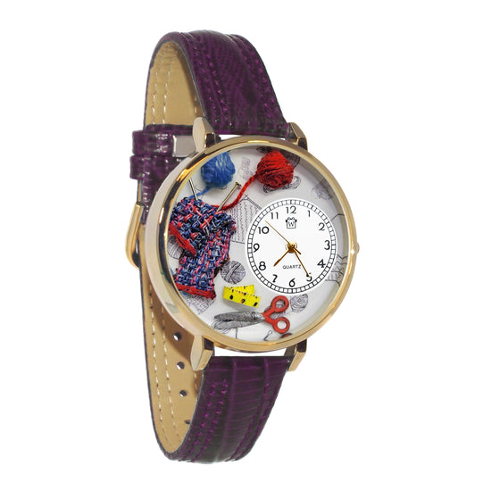 Whimsical Gifts | Knitting Scarf 3D Watch Large Style | Handmade in USA | Hobbies & Special Interests | Sewing & Crafting | Novelty Unique Fun Miniatures Gift | Gold Finish Purple Leather Watch Band
