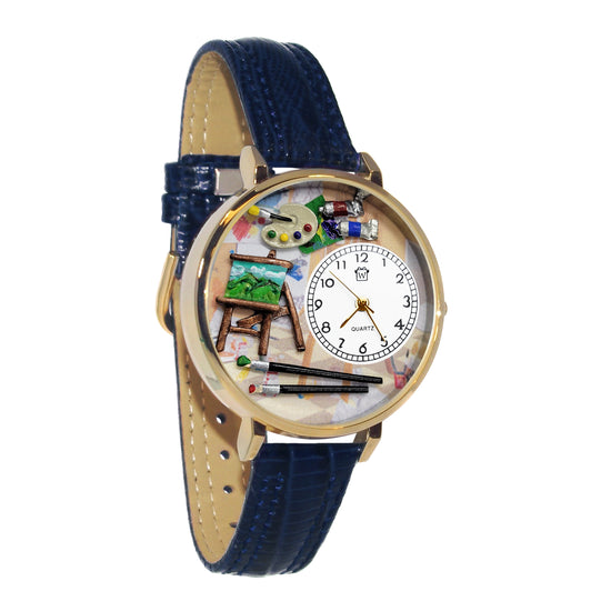 Whimsical Gifts | Artist Easel 3D Watch Large Style | Handmade in USA | Artist |  | Novelty Unique Fun Miniatures Gift | Gold Finish Blue Leather Watch Band