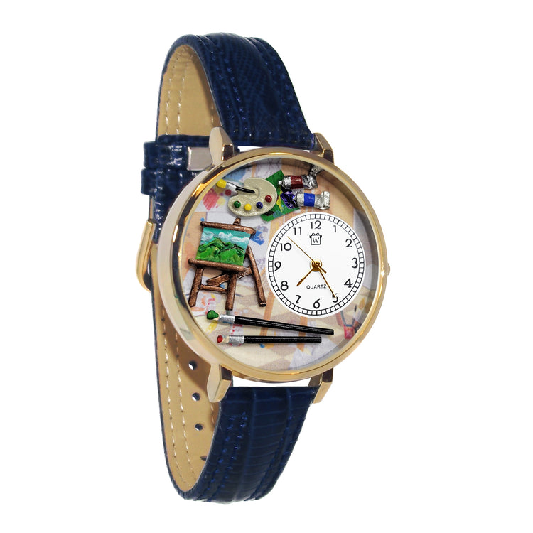 Whimsical Gifts | Artist Easel 3D Watch Large Style | Handmade in USA | Artist |  | Novelty Unique Fun Miniatures Gift | Gold Finish Blue Leather Watch Band