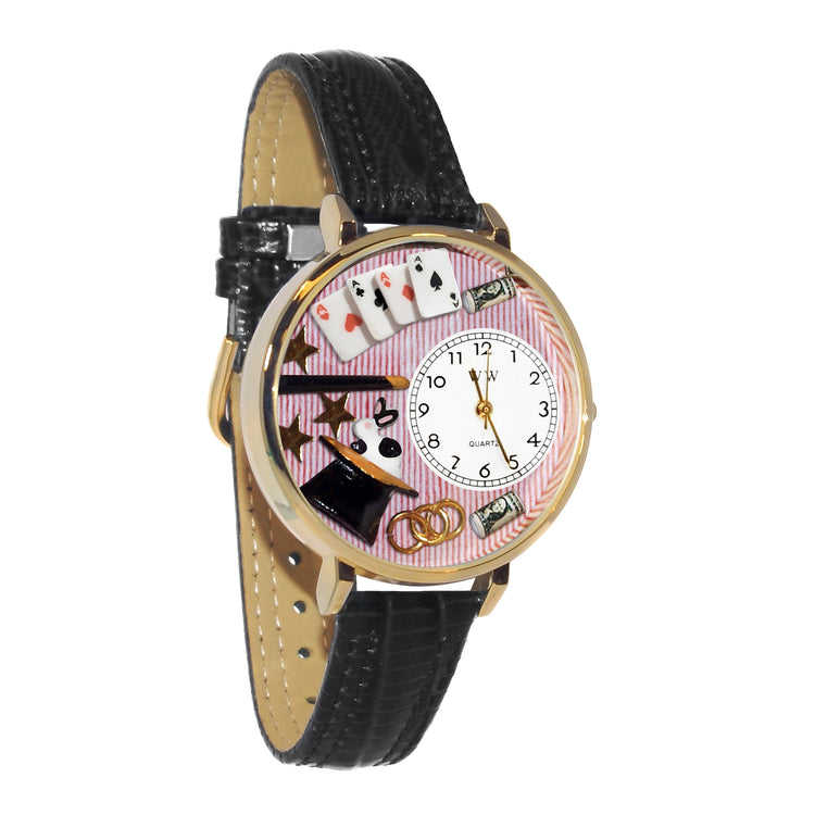 Whimsical Gifts | Magic 3D Watch Large Style | Handmade in USA | Hobbies & Special Interests | Arts & Performance | Novelty Unique Fun Miniatures Gift | Gold Finish Black Leather Watch Band