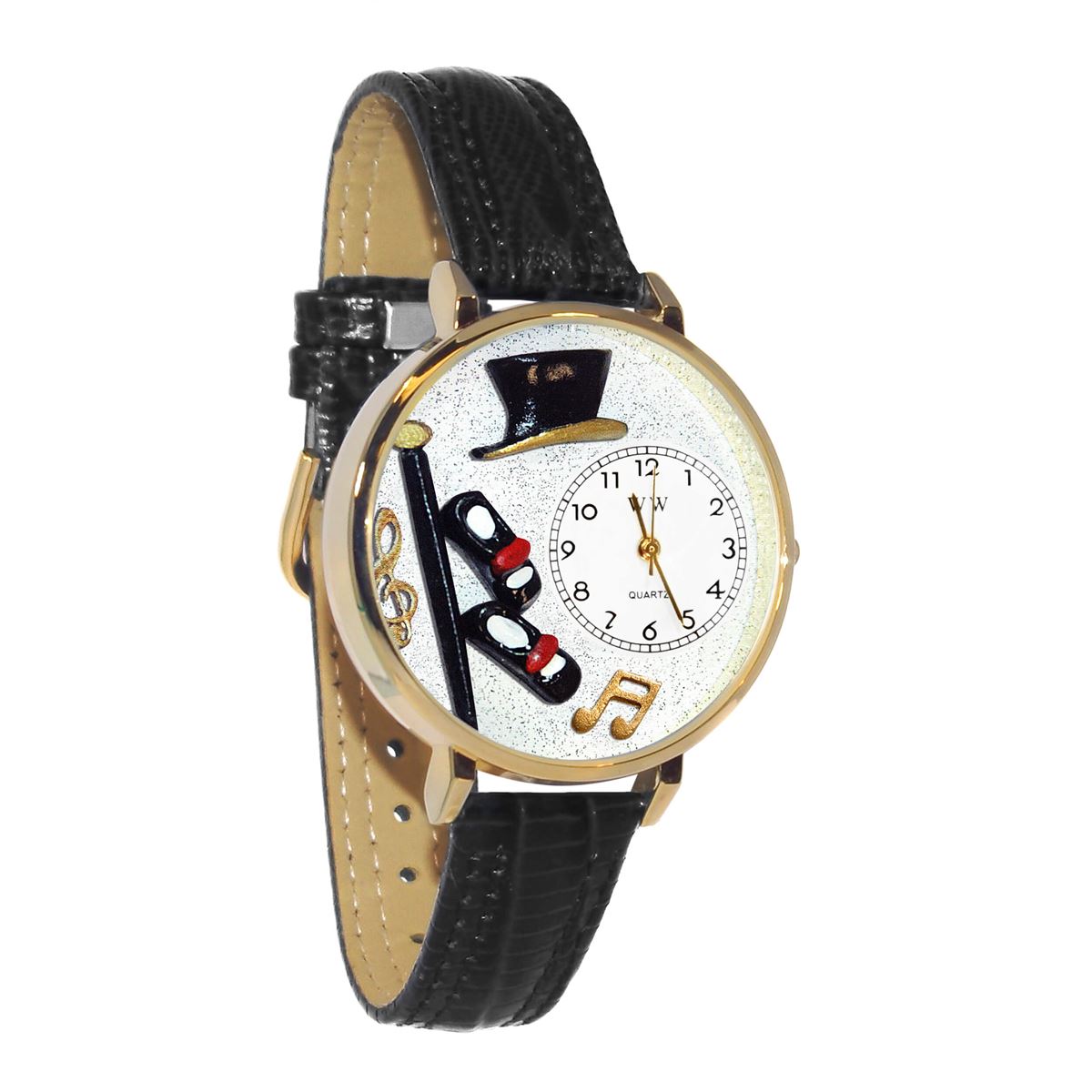 Whimsical Gifts | Tap Dancing 3D Watch Large Style | Handmade in USA | Hobbies & Special Interests | Arts & Performance | Novelty Unique Fun Miniatures Gift | Gold Finish Black Leather Watch Band