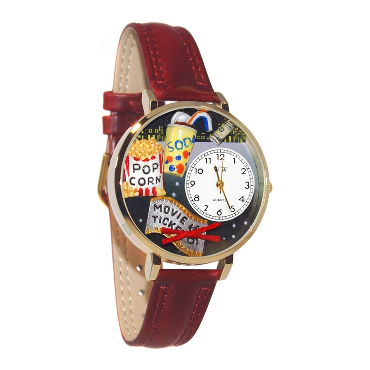 Whimsical Gifts | Movie Lover 3D Watch Large Style | Handmade in USA | Hobbies & Special Interests | Arts & Performance | Novelty Unique Fun Miniatures Gift | Gold Finish Red Leather Watch Band
