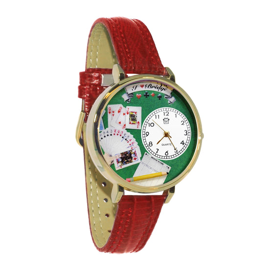 Whimsical Gifts | Bridge 3D Watch Large Style | Handmade in USA | Hobbies & Special Interests | Casino | Gaming | Game Night | Novelty Unique Fun Miniatures Gift | Gold Finish Red Leather Watch Band
