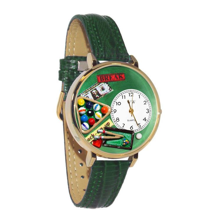 Whimsical Gifts | Billiards 3D Watch Large Style | Handmade in USA | Hobbies & Special Interests | Casino | Gaming | Game Night | Novelty Unique Fun Miniatures Gift | Gold Finish Green Leather Watch Band