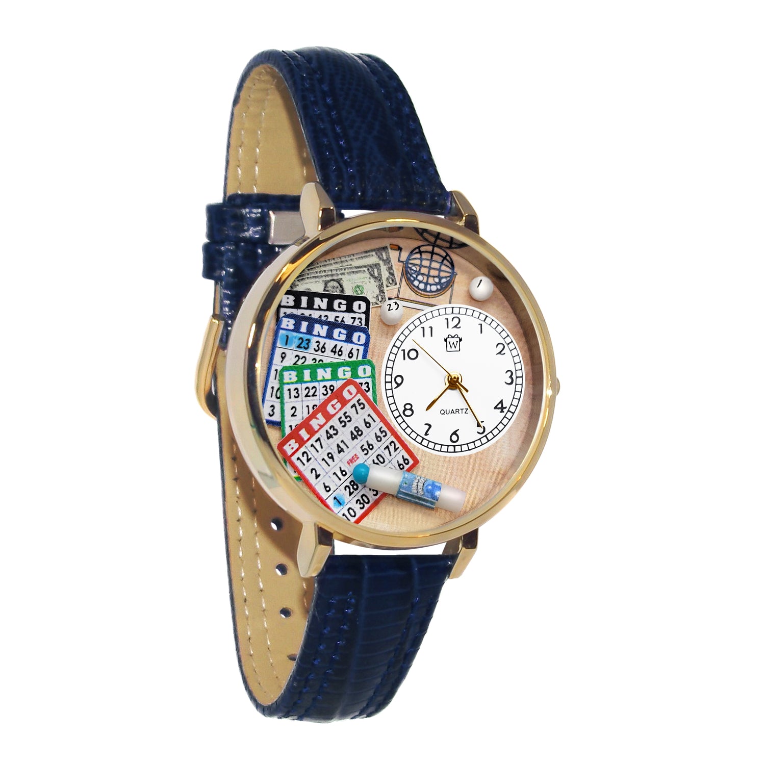 Whimsical Gifts | Bingo 3D Watch Large Style | Handmade in USA | Hobbies & Special Interests | Casino | Gaming | Game Night | Novelty Unique Fun Miniatures Gift | Gold Finish Navy Blue Leather Watch Band