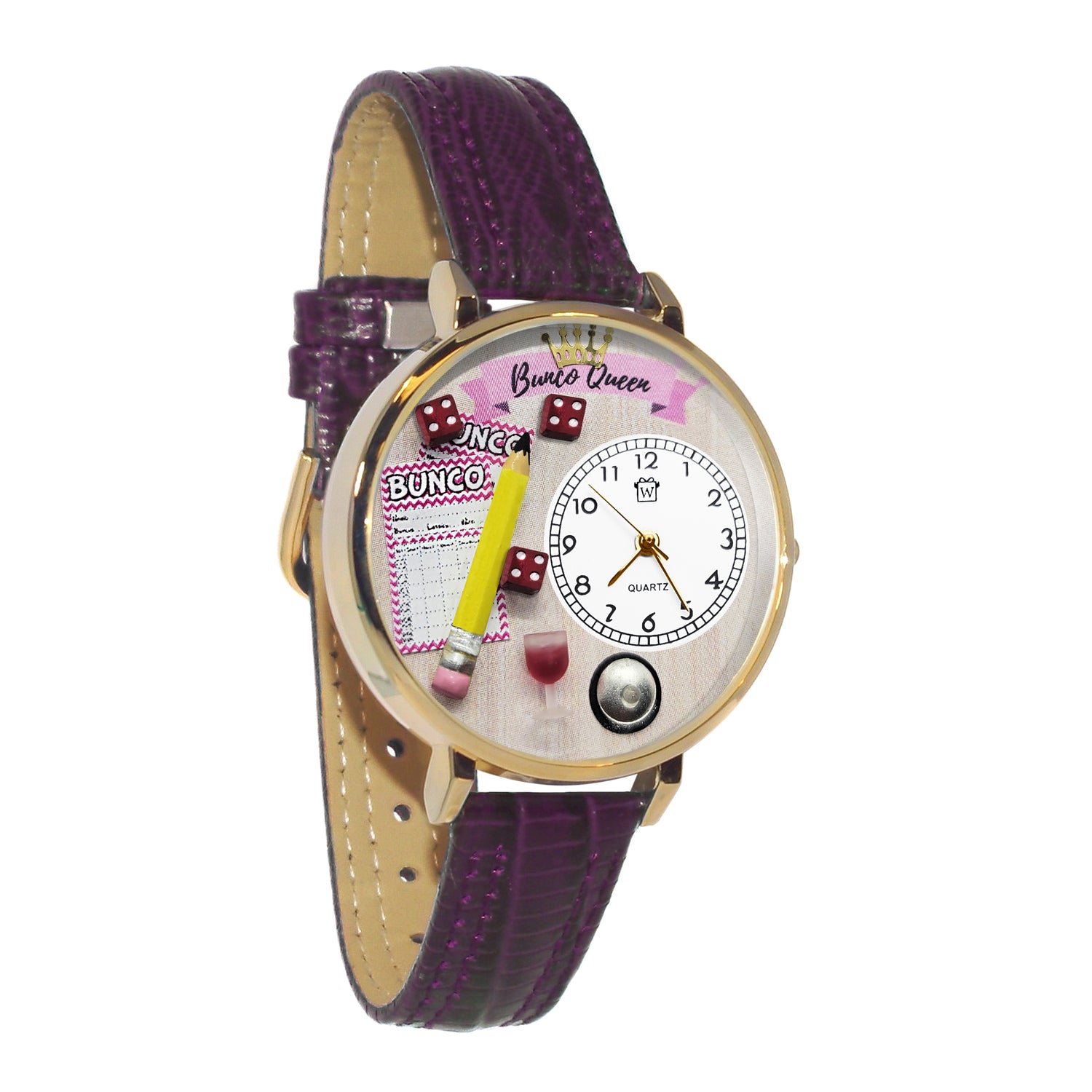 Whimsical Gifts | Bunco Queen 3D Watch Large Style | Handmade in USA | Hobbies & Special Interests | Casino | Gaming | Game Night | Novelty Unique Fun Miniatures Gift | Gold Finish Purple Leather Watch Band