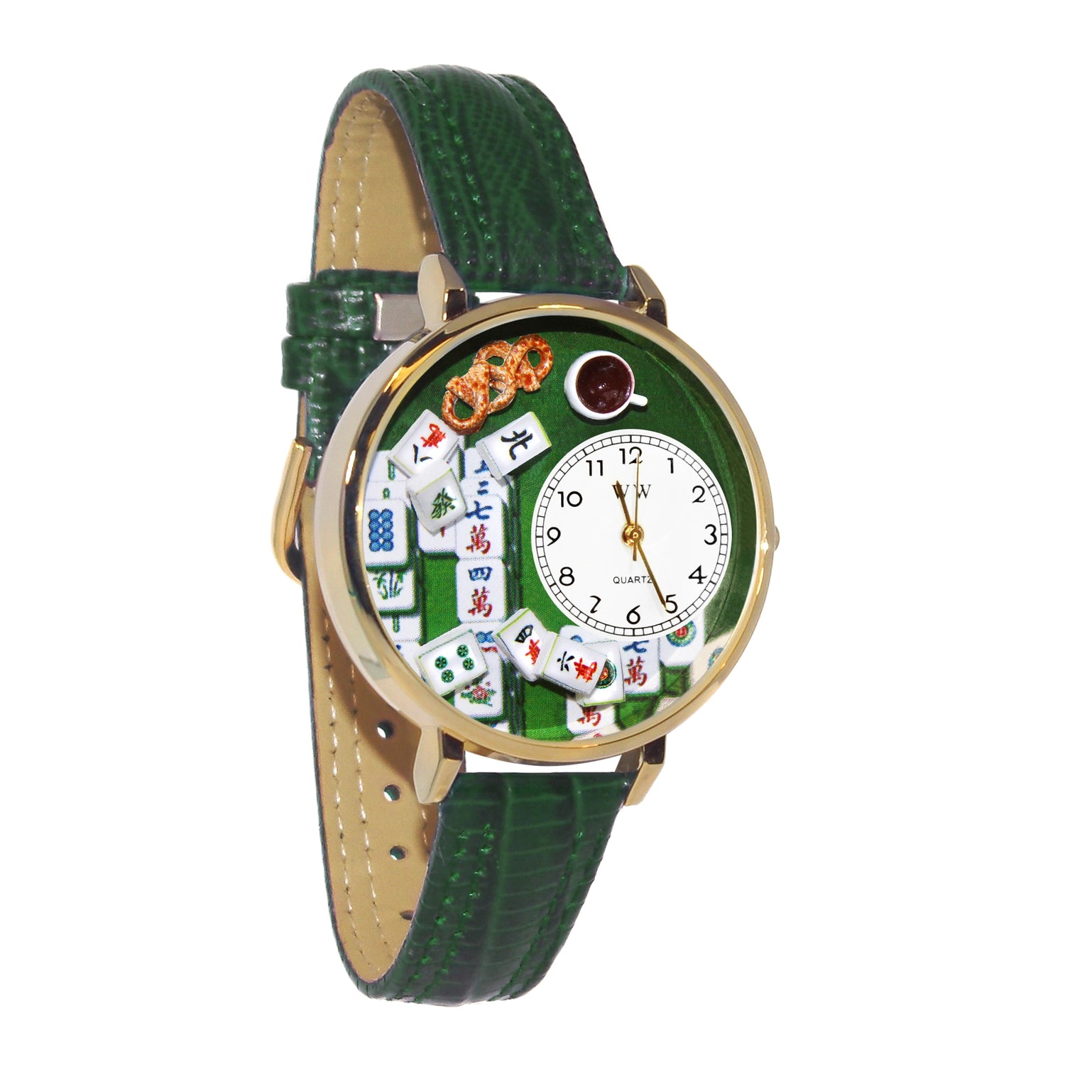 Whimsical Gifts | Mah Jongg 3D Watch Large Style | Handmade in USA | Hobbies & Special Interests | Casino | Gaming | Game Night | Novelty Unique Fun Miniatures Gift | Gold Finish Green Leather Watch Band