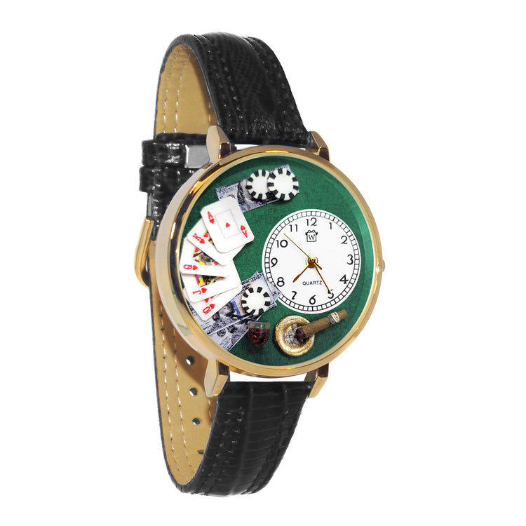 Whimsical Gifts | Poker 3D Watch Large Style | Handmade in USA | Hobbies & Special Interests | Casino & Gaming | Novelty Unique Fun Miniatures Gift | Gold Finish Black Leather Watch Band