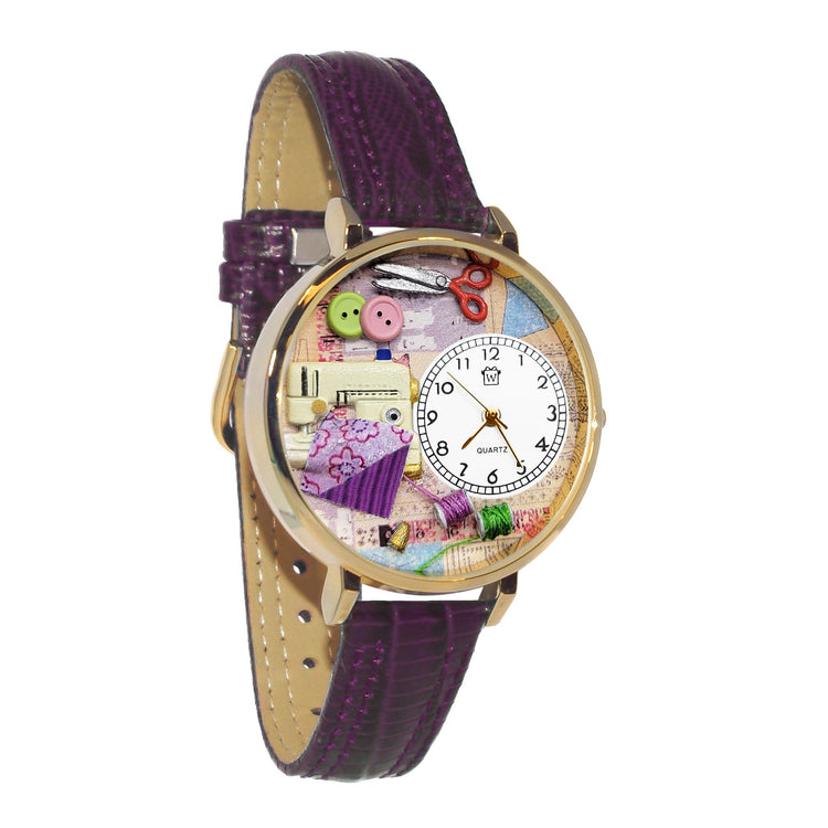 Whimsical Gifts | Sewing 3D Watch Large Style | Handmade in USA | Hobbies & Special Interests | Sewing & Crafting | Novelty Unique Fun Miniatures Gift | Gold Finish Purple Leather Watch Band
