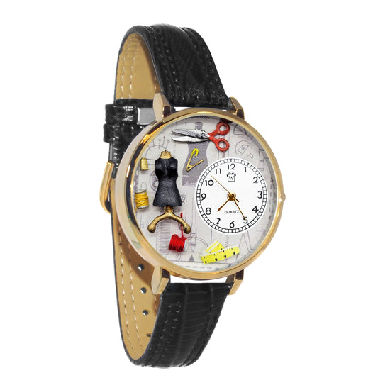 Whimsical Gifts | Fashion Design Sewing 3D Watch Large Style | Handmade in USA | Hobbies & Special Interests | Sewing & Crafting | Novelty Unique Fun Miniatures Gift | Gold Finish Black Leather Watch Band